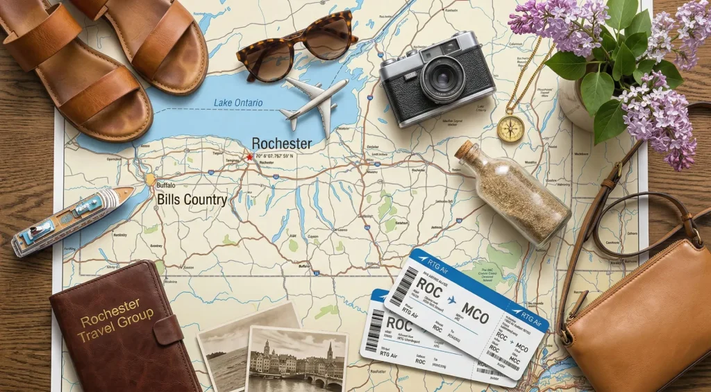 Rochester Travel Group map of New York with various travel items